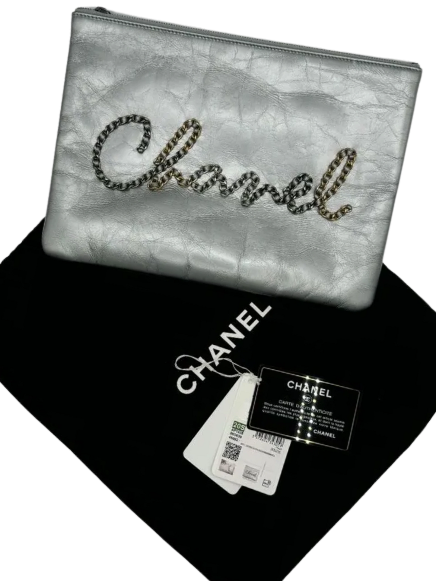 Chanel Written In Chain Metallic Crumpled Calfskin Signature Pouch Silver