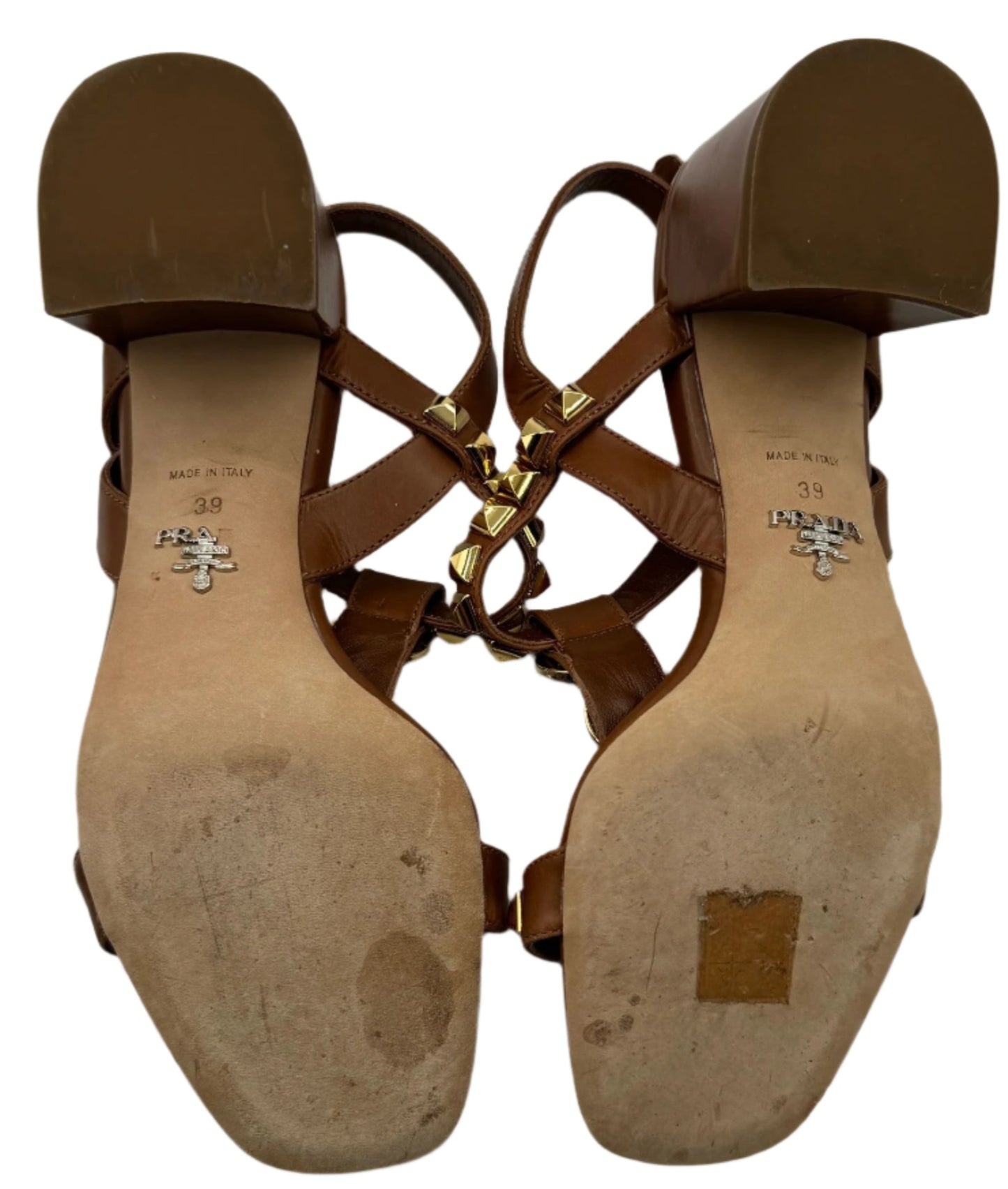 PRADA Cognac Brown Jeweled Stones Studded Sandal - Sz 39