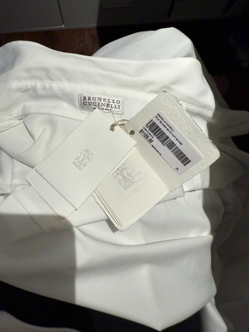 NWT Brunello Cucinelli White Relaxed Satin Cuff Blouse – Size M
