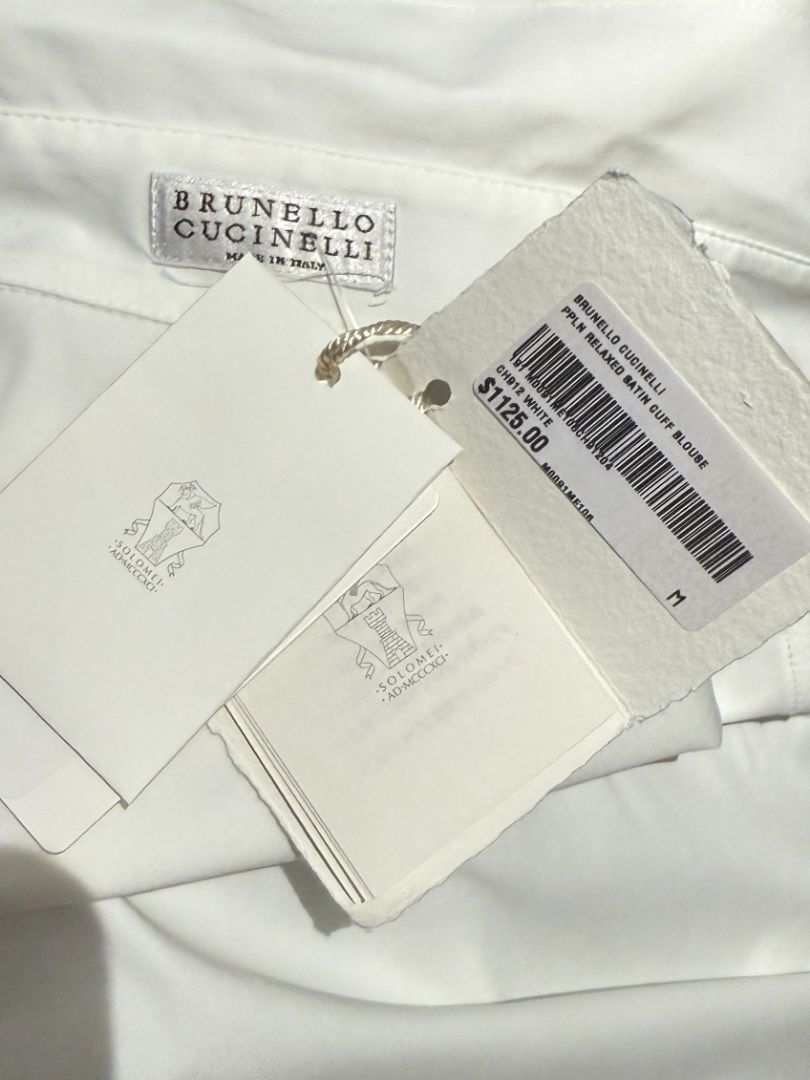NWT Brunello Cucinelli White Relaxed Satin Cuff Blouse – Size M