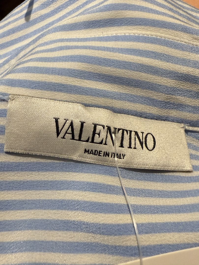 Valentino Blue & White Striped Silk Blouse with Draped Back – Size US 8