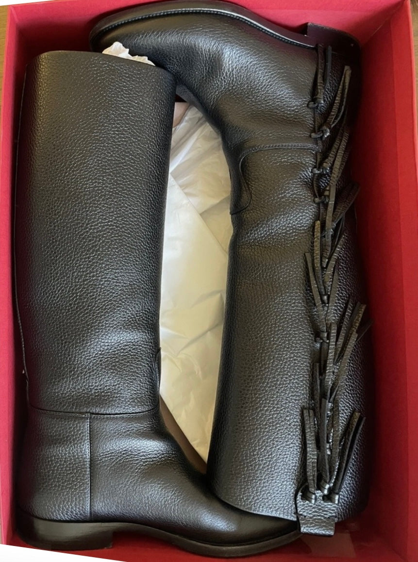 Valentino BNIB Leather Fringe Trim Accent Riding Boots - Size 37
