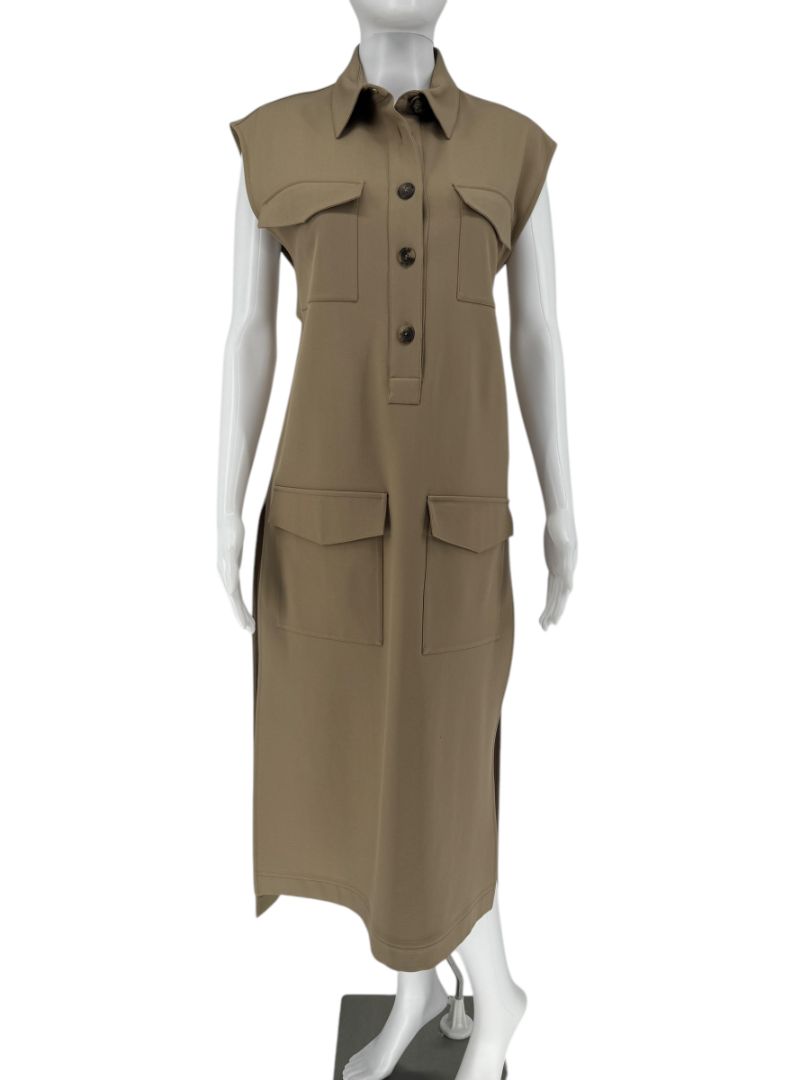 Céline Khaki Wool Belted Utility Midi Dress – Size FR 42 (US 8/10)