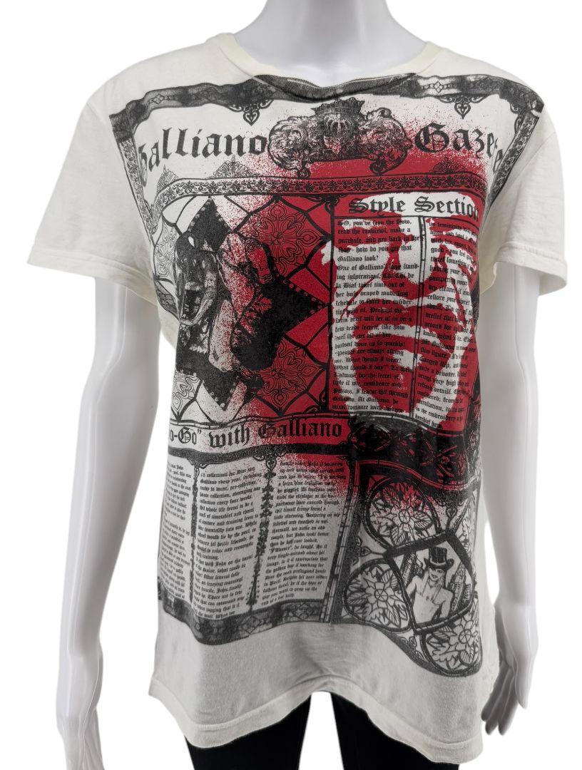 John Galliano Y2K Short Sleeve White Graphic Newspaper Tee - M