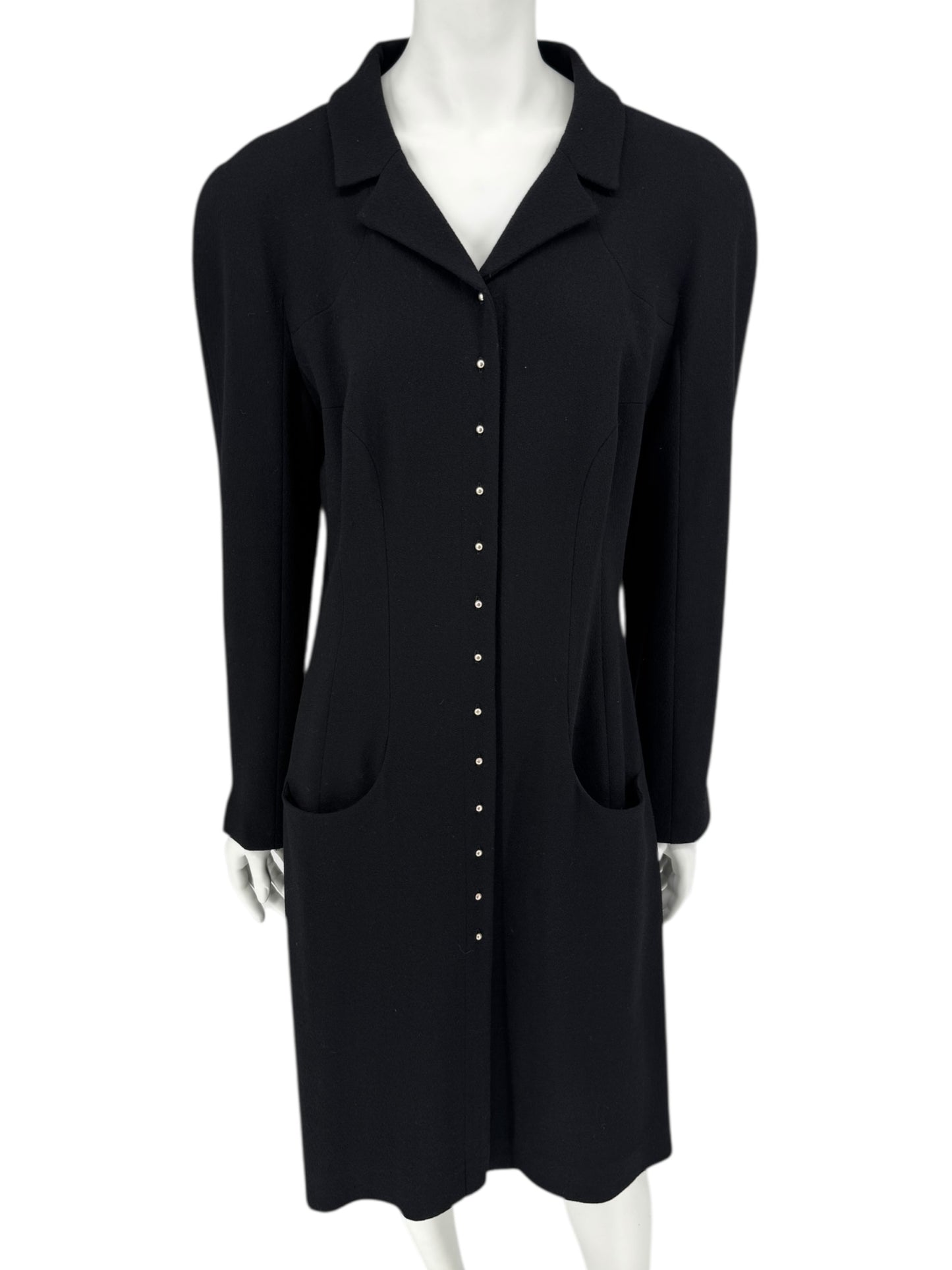 Chanel F/W 02 Long Black Wool Jacket Pearl Buttons - Size 44