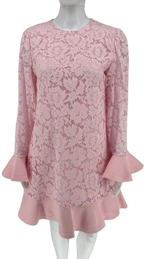 Pink Lace Overlay Ruffle Sleeve/Trim Longsleeve Dress