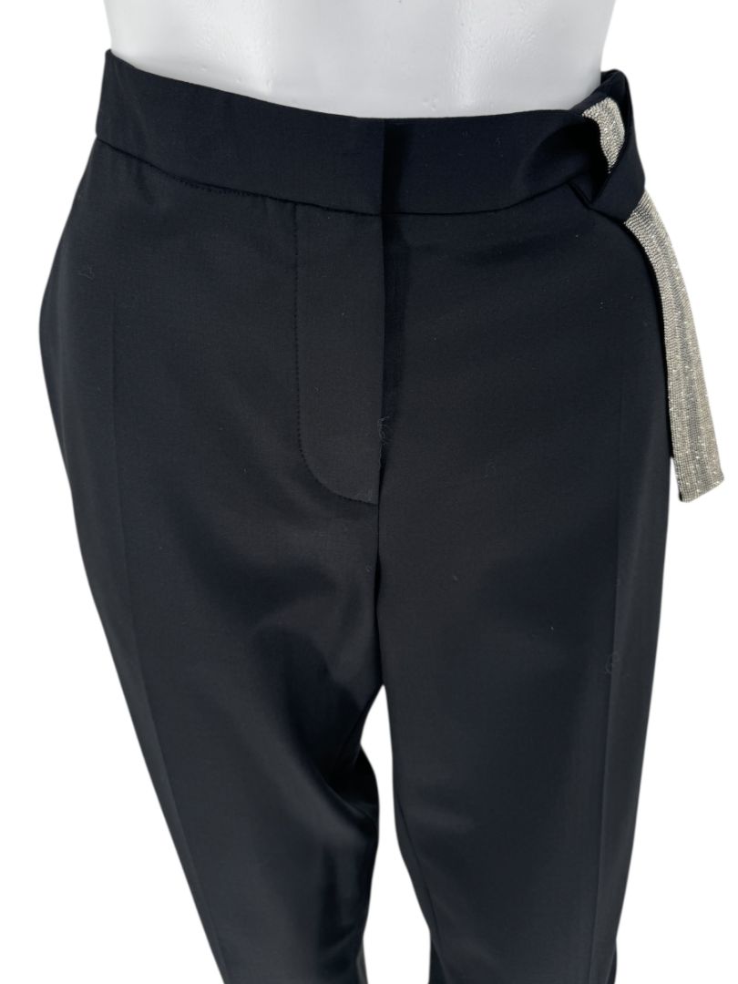 Brunello Cucinelli Black Tapered Trousers with Monili Bead Belt - Size 8