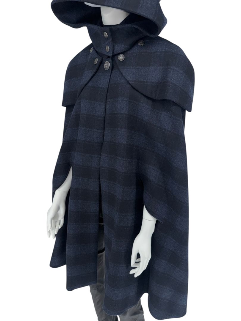 *RARE* Chanel Navy & Black Plaid Wool Hooded Cape with Logo Buttons – Size FR 44