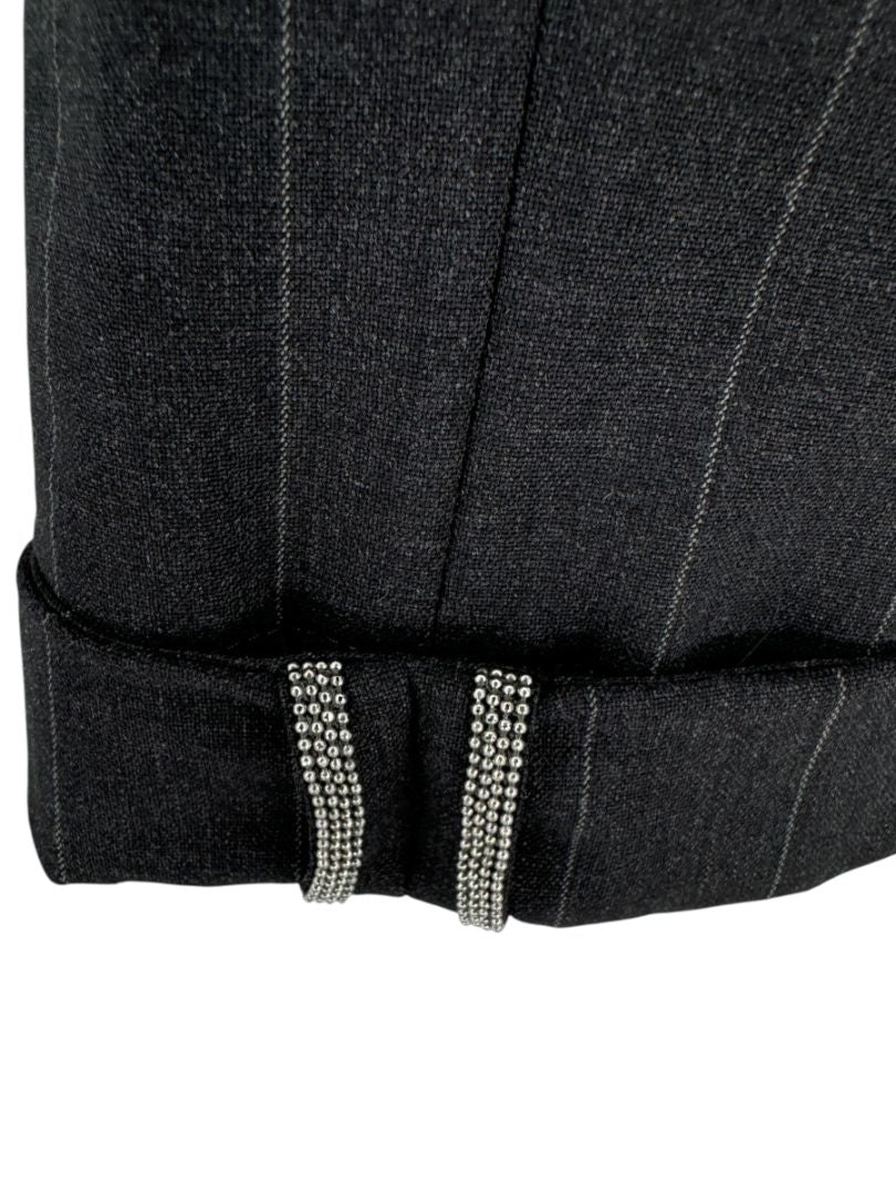 Brunello Cucinelli Charcoal Pinstripe Wool Pants with MONILI Trim – Size IT 46 / US 10