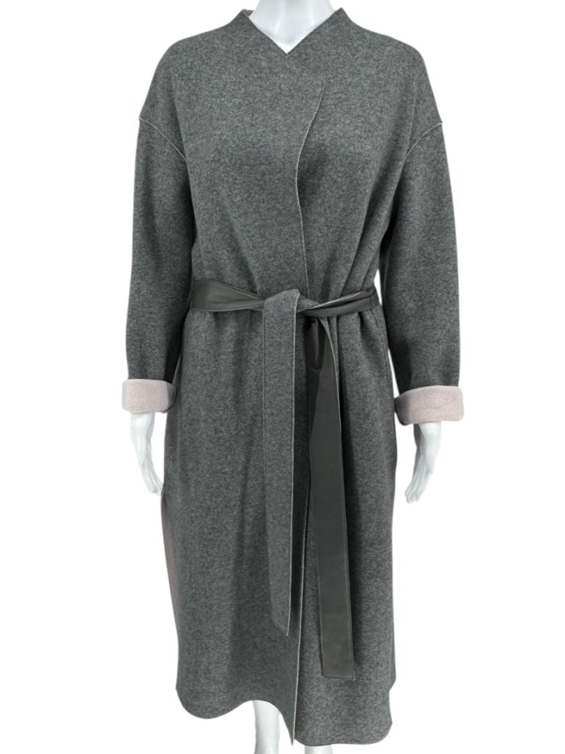 Agona Gray Double-Faced Cashmere Wrap Coat with Leather Belt – Size IT 42 (US 6)
