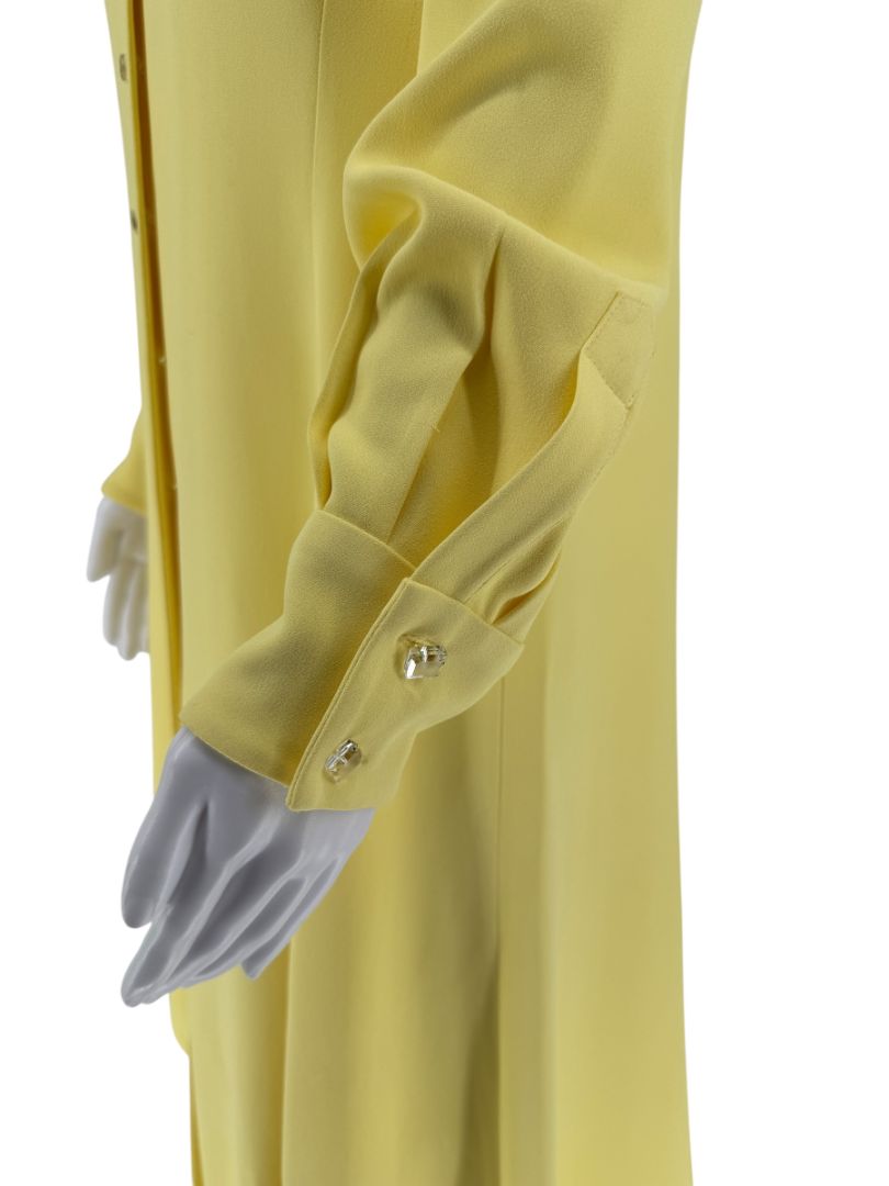 Pamella Roland Pale Yellow Crystal Button Shirt Dress with Asymmetric Hem - L