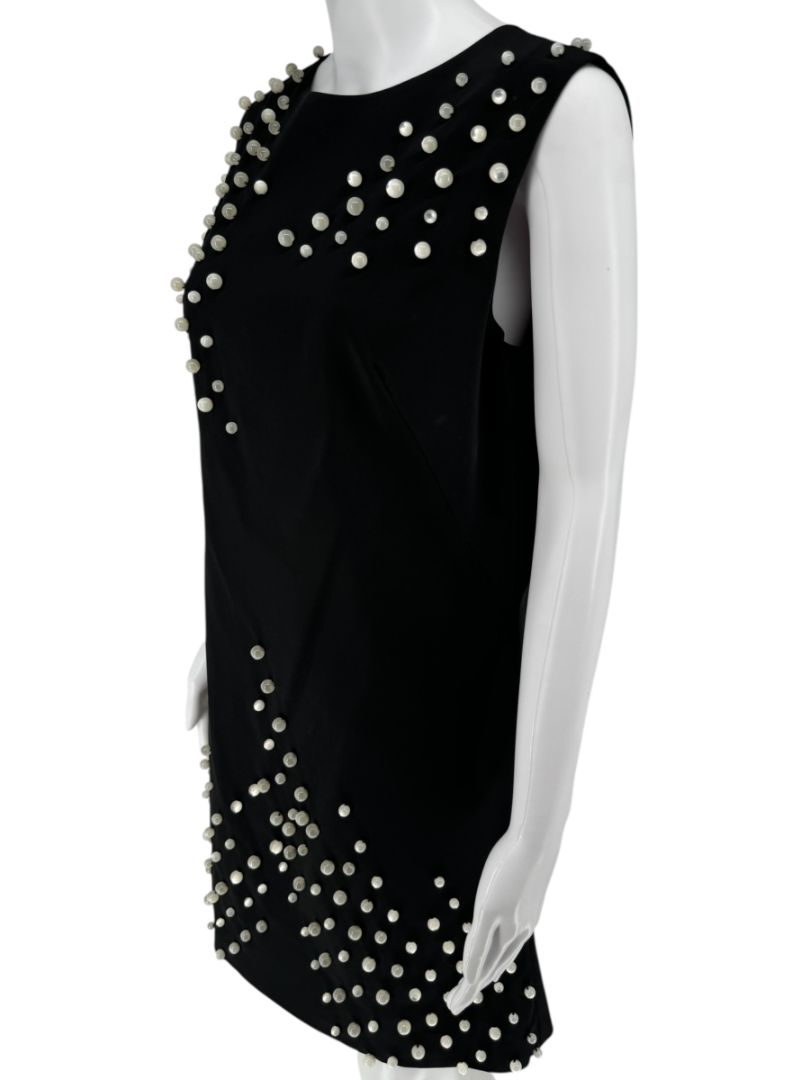 Pamella Roland Black Sleeveless Shift Dress with Pearl Embellishments – Large