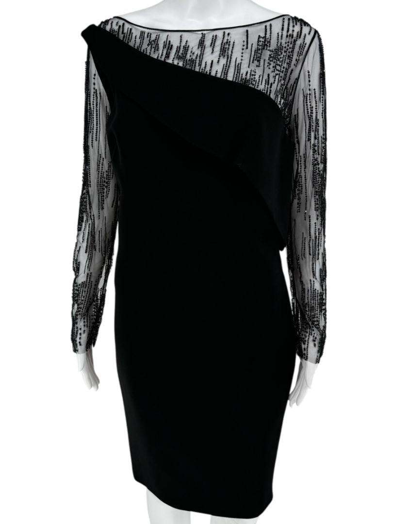 Pamella Roland Black Embellished Mesh Sleeve Cocktail Dress – Large