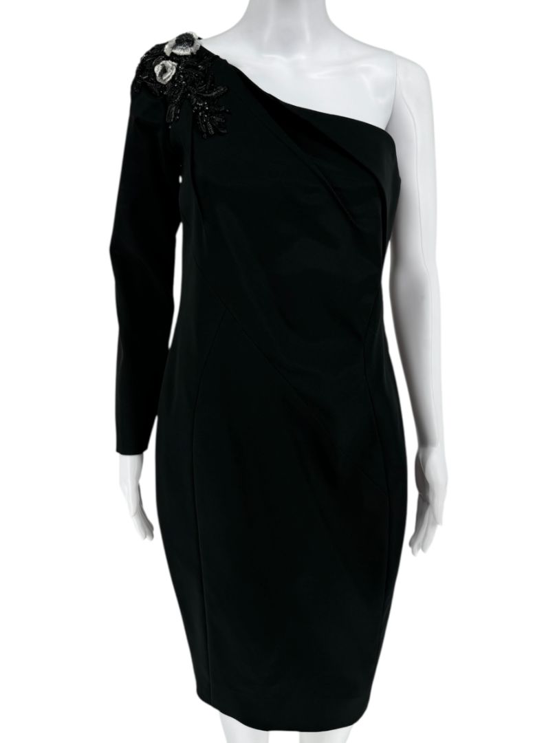 Pamella Roland Black Beaded One-Shoulder Cocktail Dress - Large