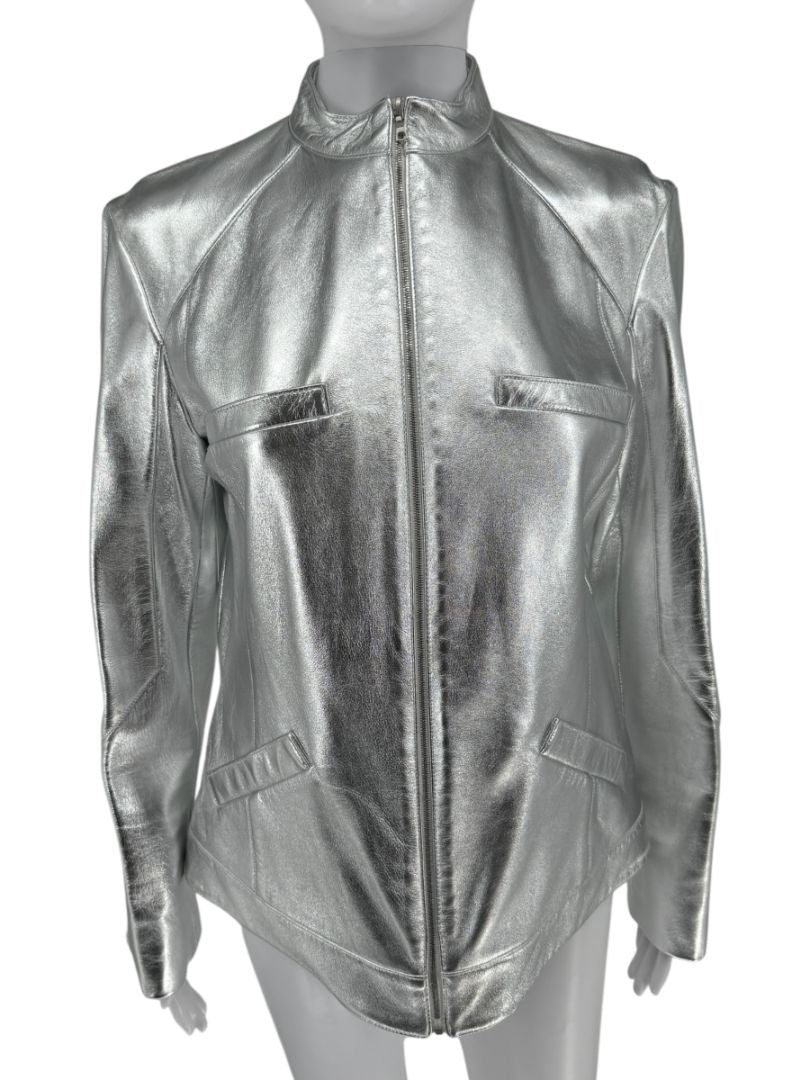 Pamella Roland Silver Metallic Leather Moto Jacket – Size 8