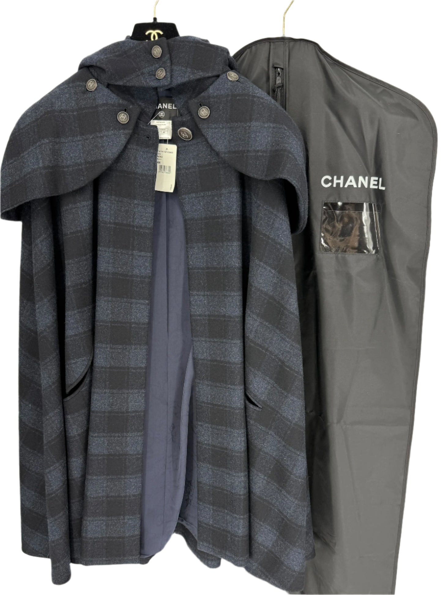 *RARE* Chanel Navy & Black Plaid Wool Hooded Cape with Logo Buttons – Size FR 44
