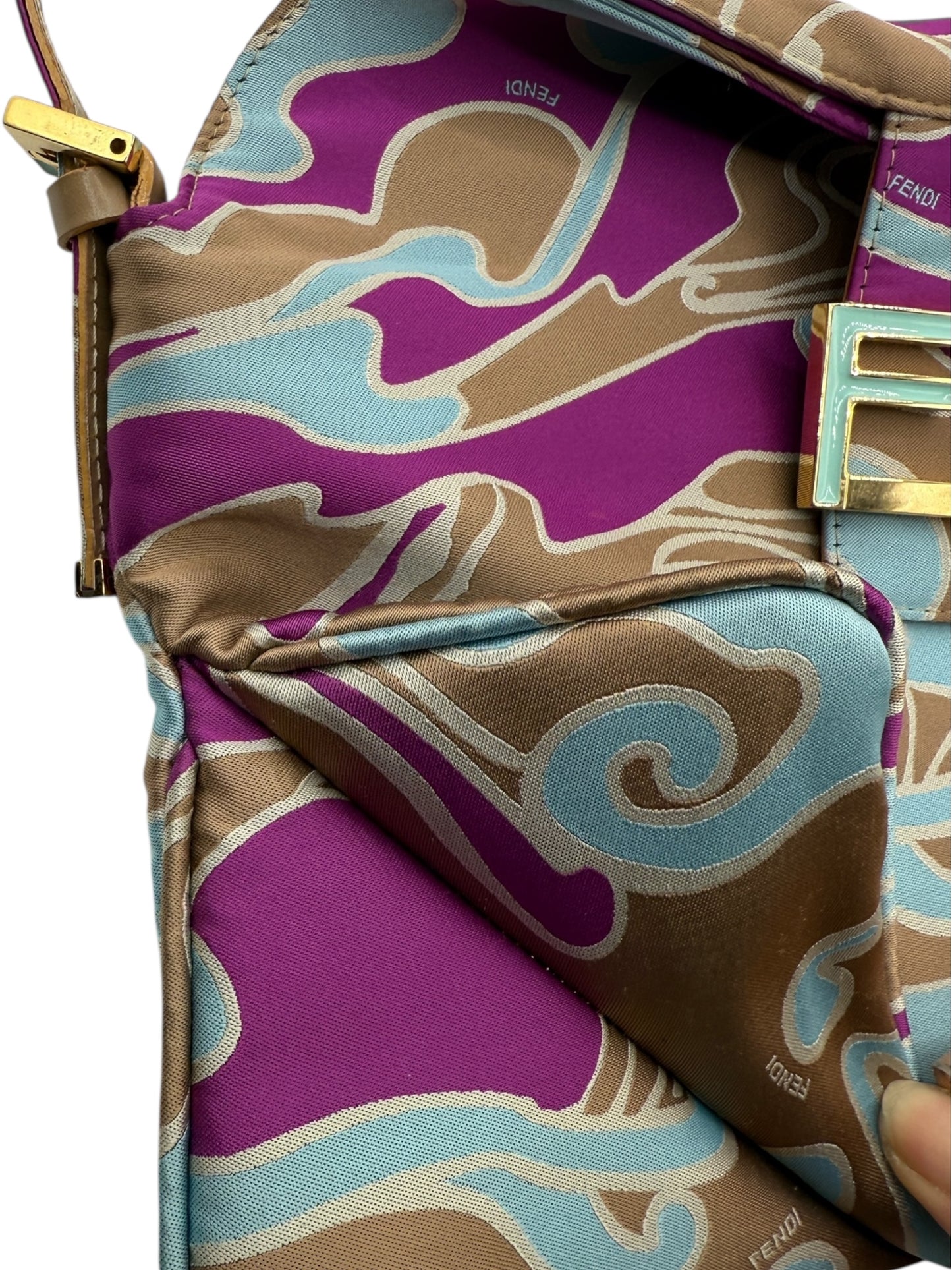 Fendi 2001 Multicolor Satin Psychedelic Print Baguette "Momma" Shoulder Bag