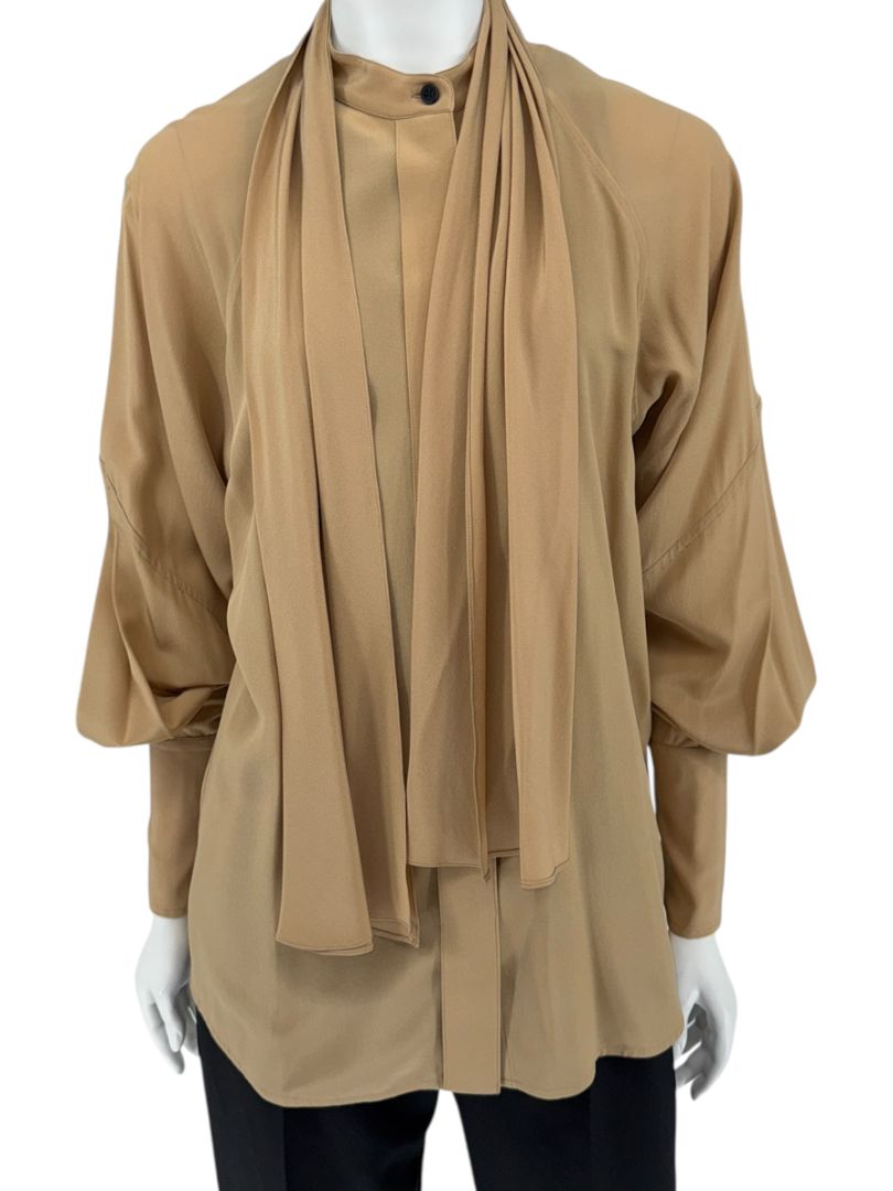 NWT Victoria Beckham Camel Silk Tie-Neck Blouse – Size US 6