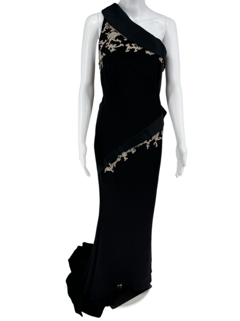 Pamella Roland Black One-Shoulder Gown with Embroidered Gold Appliqué - Large