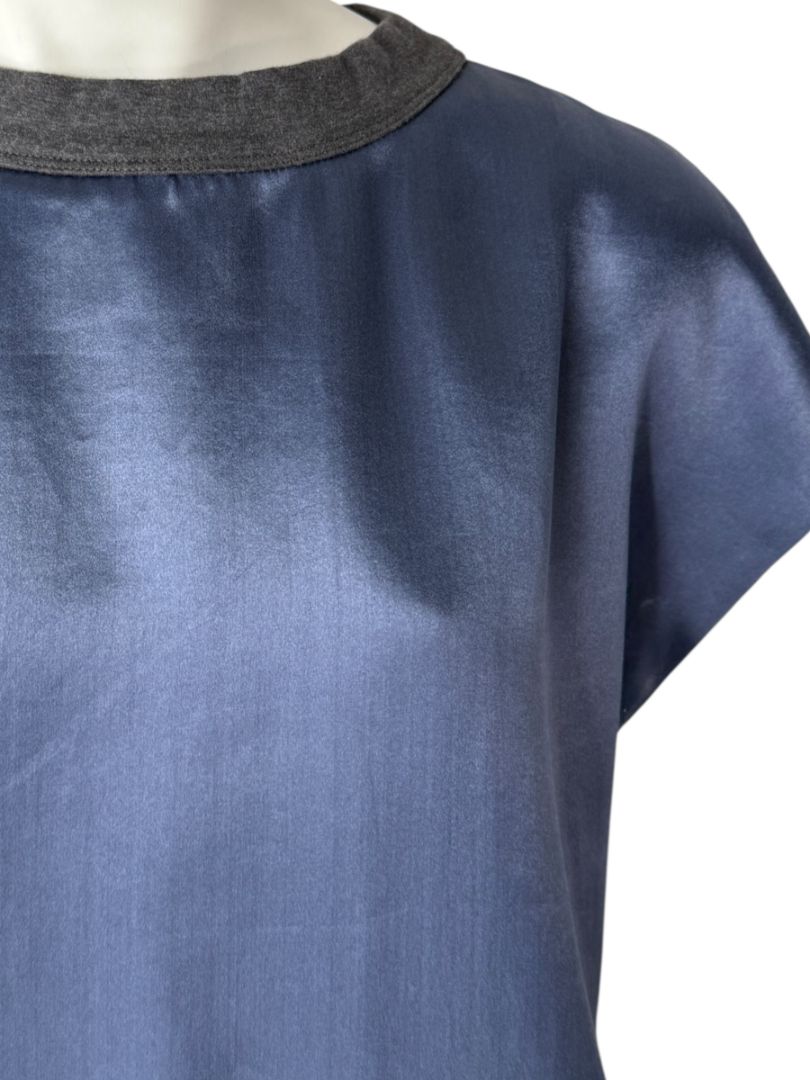 NWT Brunello Cucinelli Navy Silk Shift Dress with Contrast Trim – Size XL