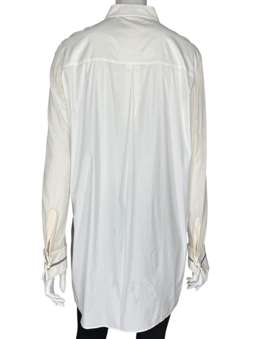 Brunello Cucinelli White Long Sleeve Blouse with Monili Trim Cuffs – Size XL