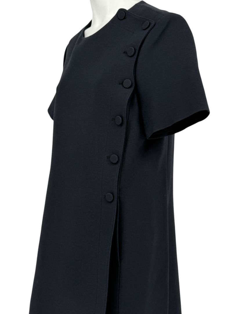 Christian Dior Paris Black Wool-Silk Shift Dress with Asymmetric Button Detail – Size FR 42 (US 10)