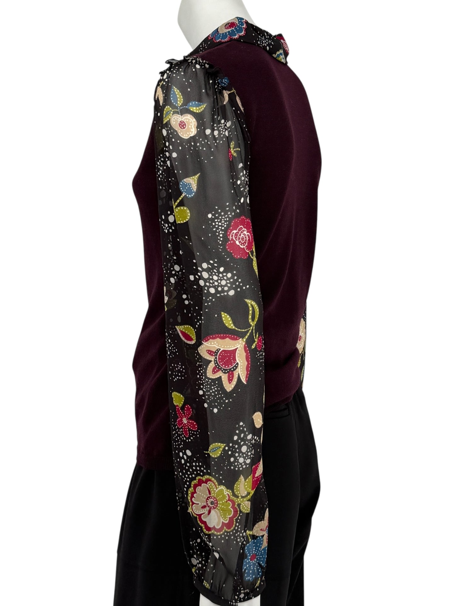 Moschino Virgin Wool Sweater with Sheer Floral Sleeves – Size 8 (IT 38)