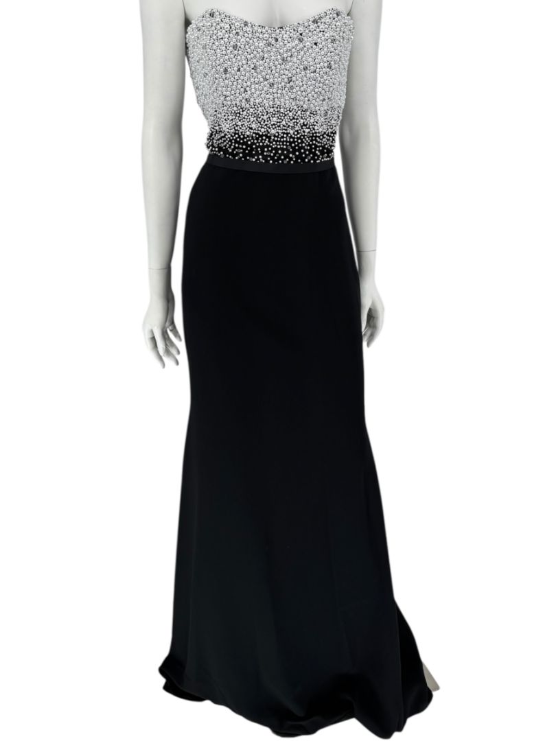 Pamella Roland Black Strapless Gown Silver Pearl Crystal Beaded Bodice Size 8 Evening Dress