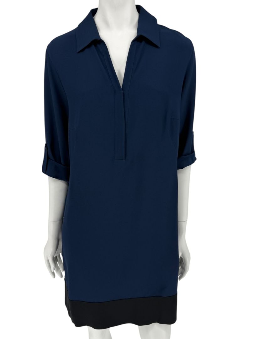 Akris Punto Navy Blue Viscose Acetate Tunic Dress Black Hem Roll Tab Sleeve - US 10