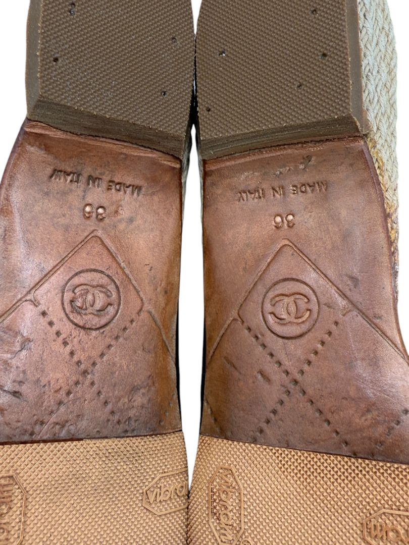 Chanel Black & Cream Canvas Logo Bow Espadrille Flats – Size 36 – Good Preowned Condition