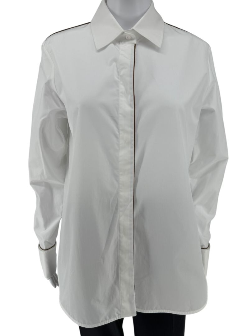 MaxMara White Cotton Piped Button-Down Shirt – Size US 10 / IT 44