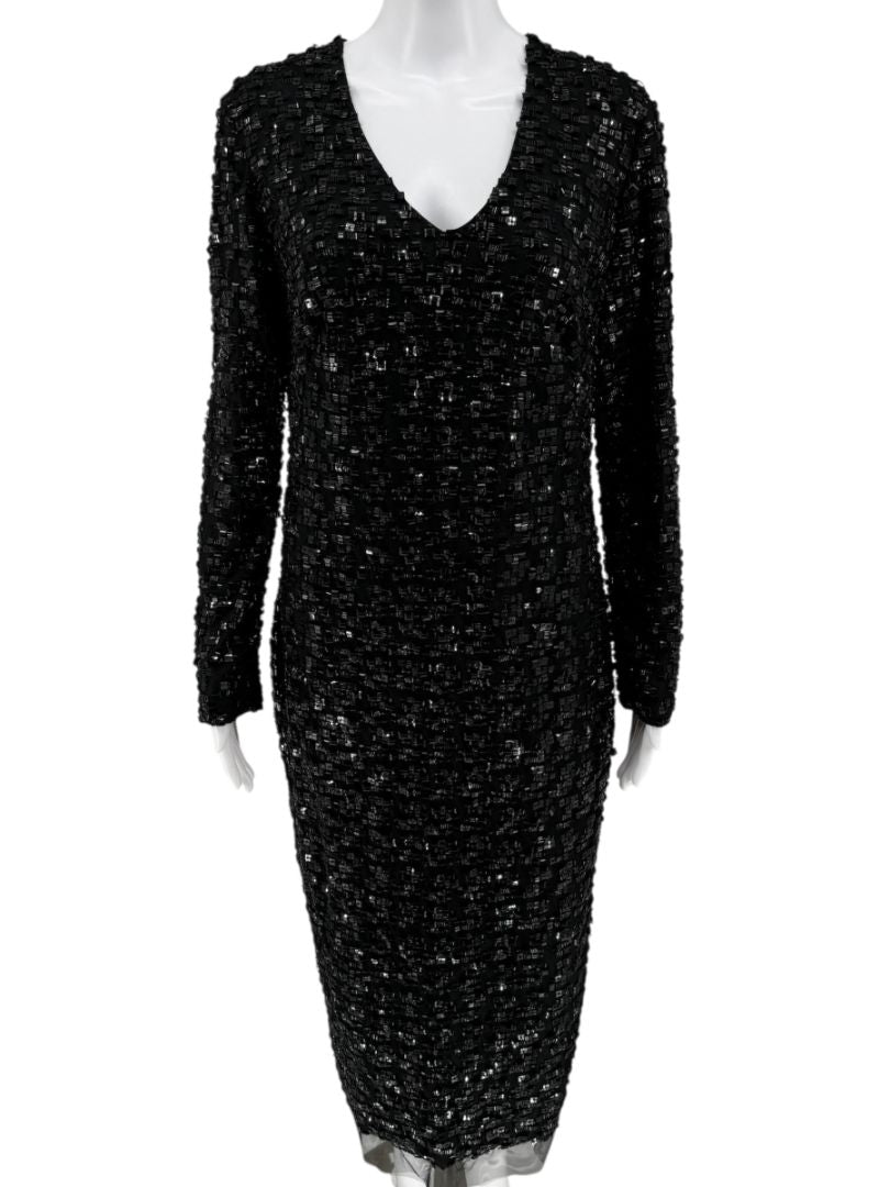 Pamella Roland Black Beaded Long Sleeve Dress - Size L