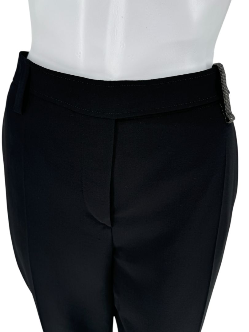 Brunello Cucinelli Black Tapered Wool Trousers with Monili Belt Loop-Size 10