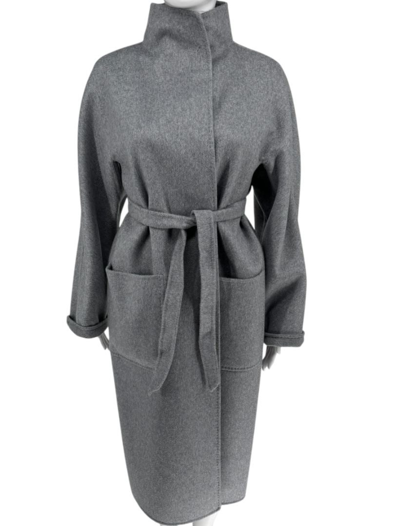 Max Mara ‘Manuela’ Belted Wrap Coat in Light Grey – Size US 10 / IT 44