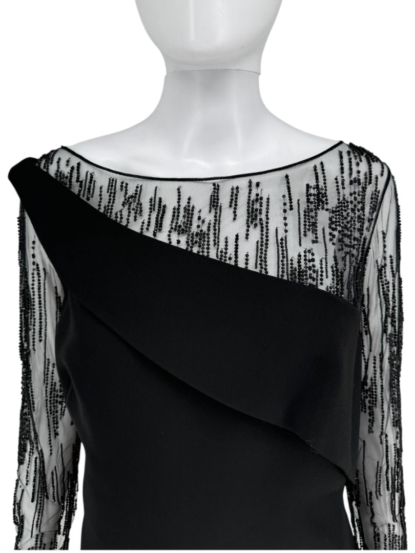 Pamella Roland Black Embellished Mesh Sleeve Cocktail Dress – Large