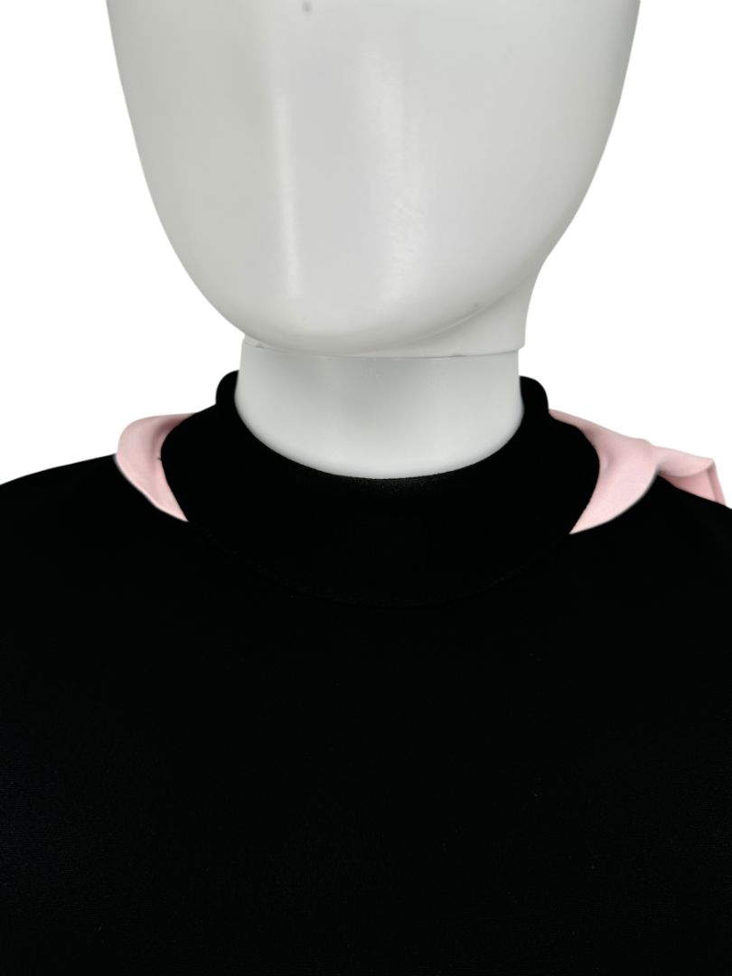 Pamella Roland Black Crepe Shift Dress with Pink Ruffle Back & Neck Tie - Large