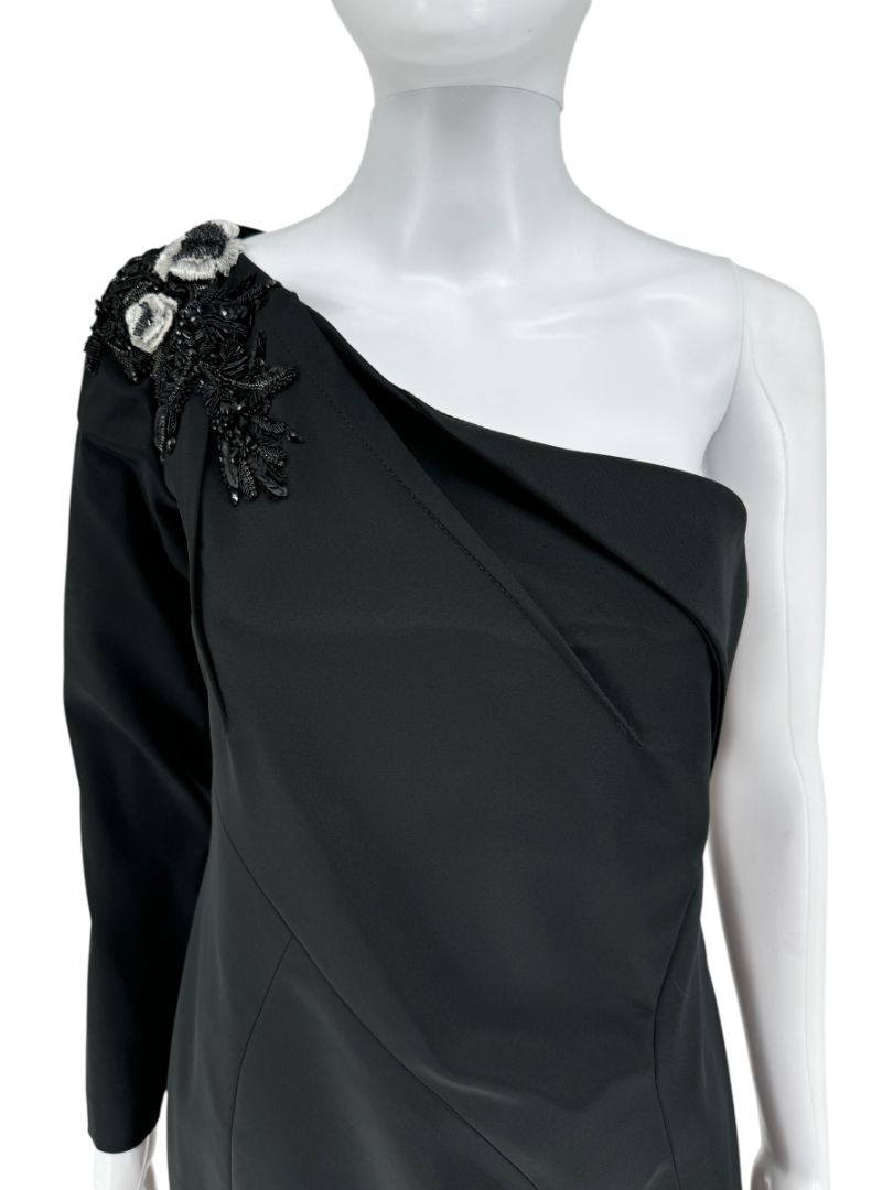 Pamella Roland Black Beaded One-Shoulder Cocktail Dress - Large