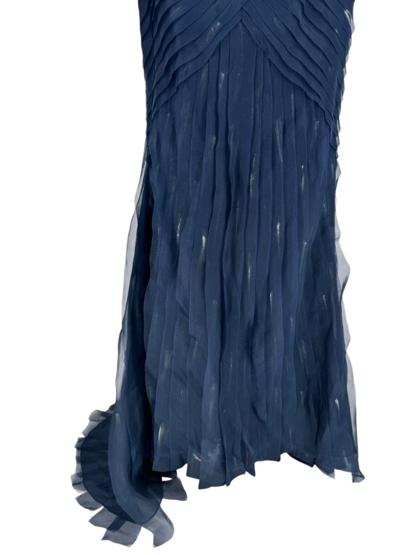 Pamella Roland Navy Textured & Hand Painted Chiffon Tiered Mermaid Skirt –