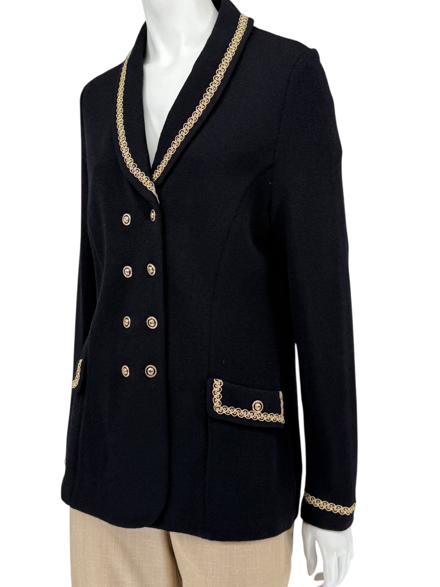 St. John Collection by Marie Gray Black Knit Blazer with Gold Trim – Size 10
