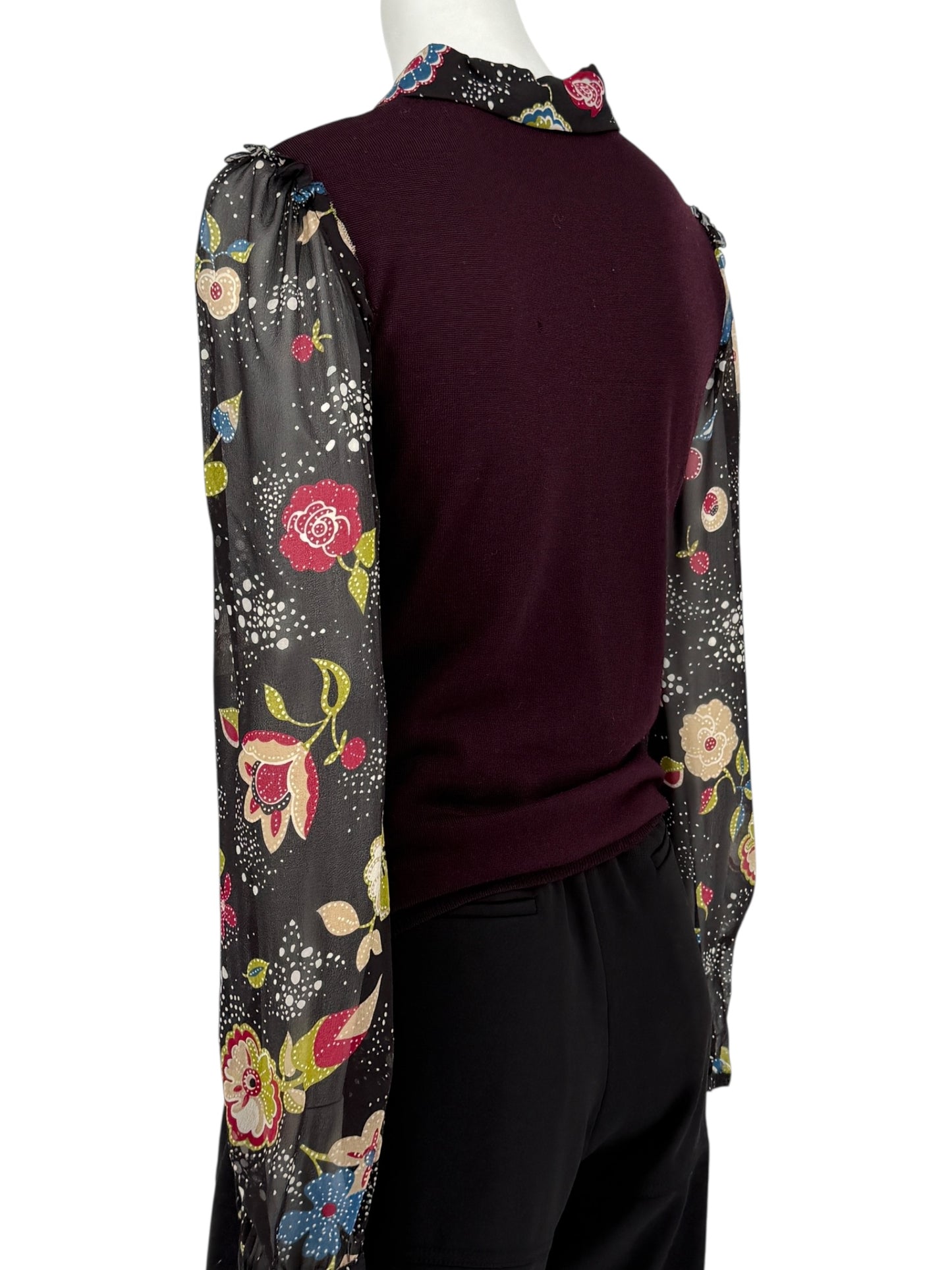 Moschino Virgin Wool Sweater with Sheer Floral Sleeves – Size 8 (IT 38)
