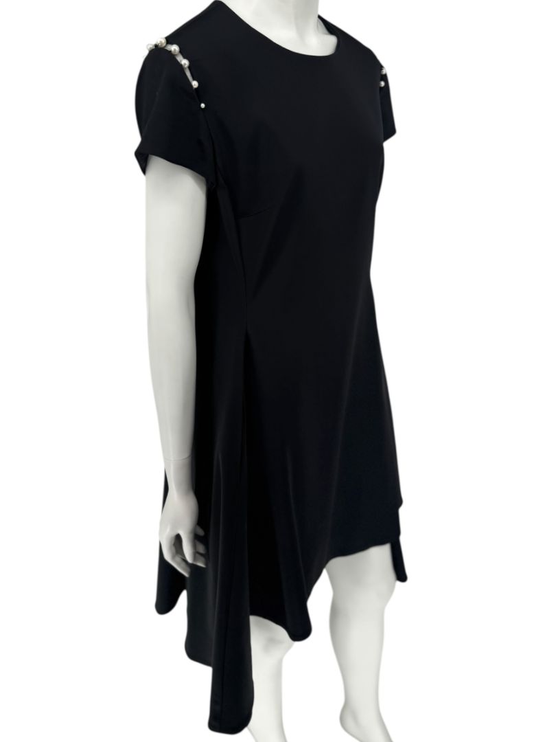 Pamella Roland Black Pearl-Trim Sleeve Handkerchief Hem Dress – Large