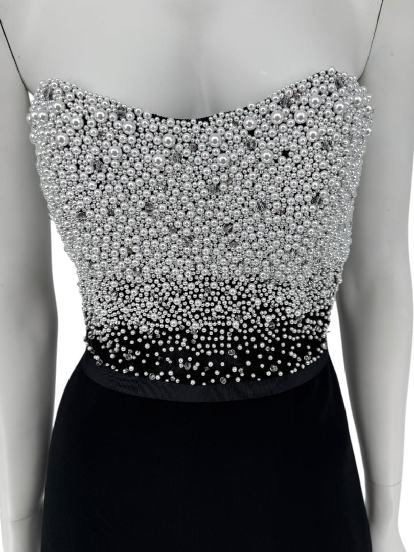 Pamella Roland Black Strapless Gown Silver Pearl Crystal Beaded Bodice Size 8 Evening Dress