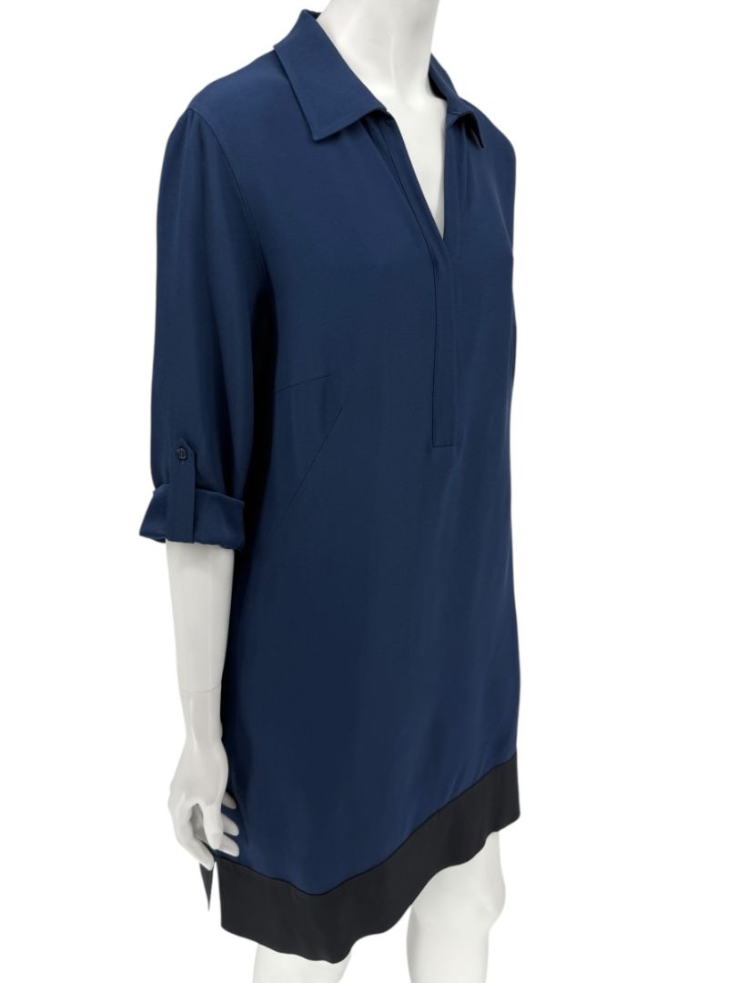 Akris Punto Navy Blue Viscose Acetate Tunic Dress Black Hem Roll Tab Sleeve - US 10