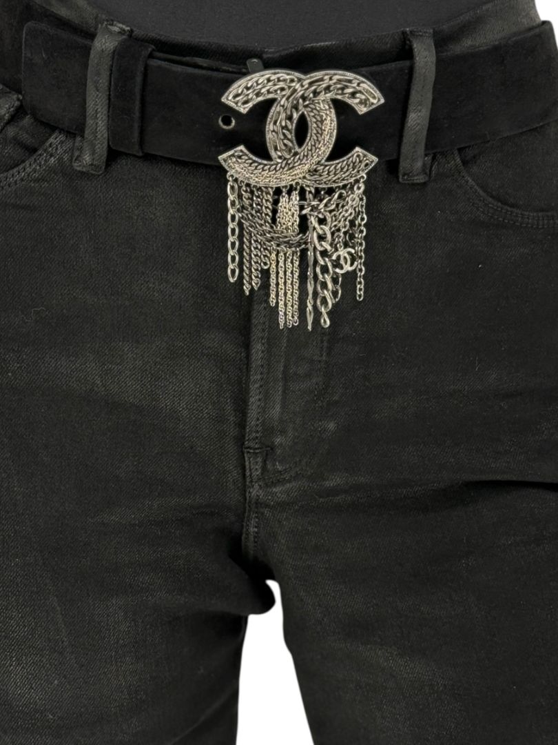 Chanel Ruthenium Chain-Fringe CC Belt – Black Suede – Very Good Condition