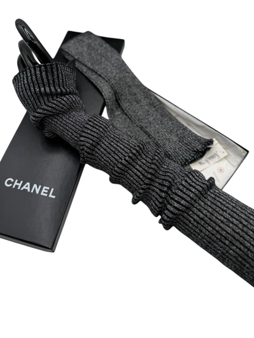Chanel Gunmetal Silver Ribbed Long Fingerless Gloves with Box