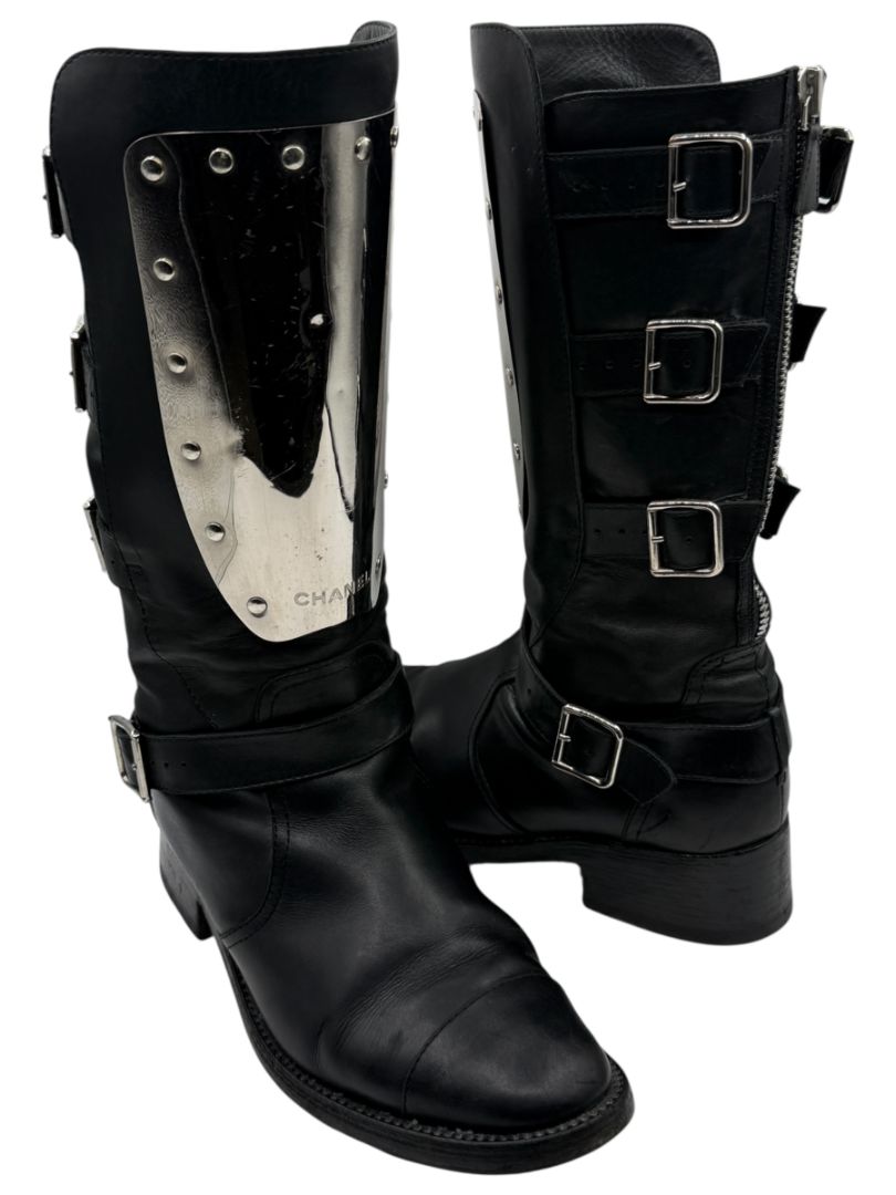 Chanel Black Leather Moto Boots with Silver Armor Plate – Size 40.5