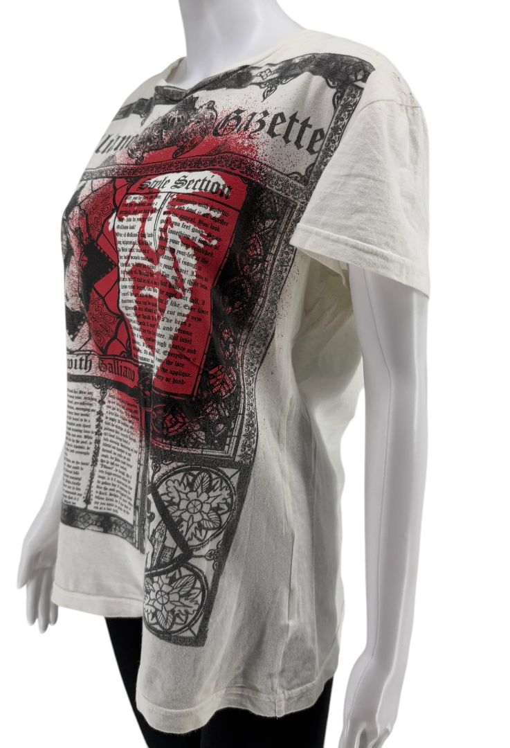 John Galliano Y2K Short Sleeve White Graphic Newspaper Tee - M