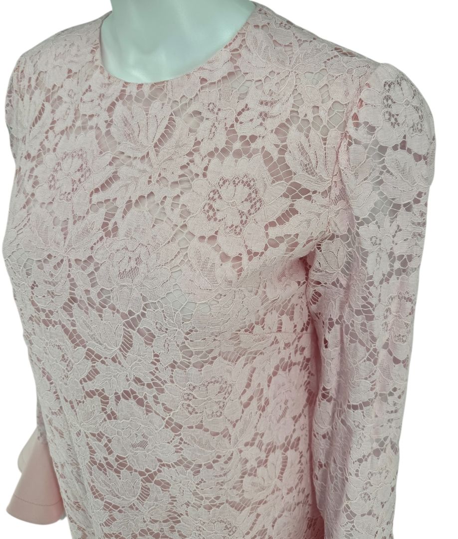 Pink Lace Overlay Ruffle Sleeve/Trim Longsleeve Dress