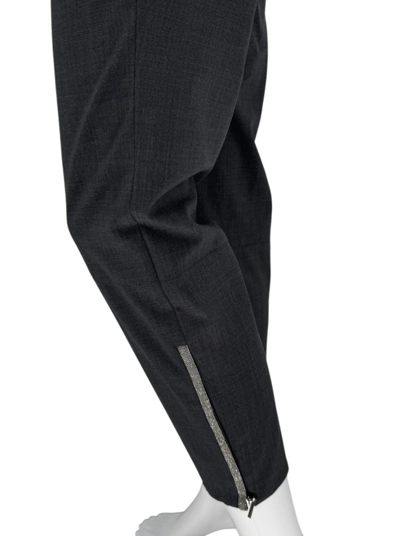 Brunello Cucinelli Grey Wool-Blend Slim Pants with Monili Trim – Size IT 44 / US 8