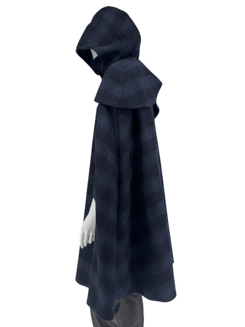 *RARE* Chanel Navy & Black Plaid Wool Hooded Cape with Logo Buttons – Size FR 44